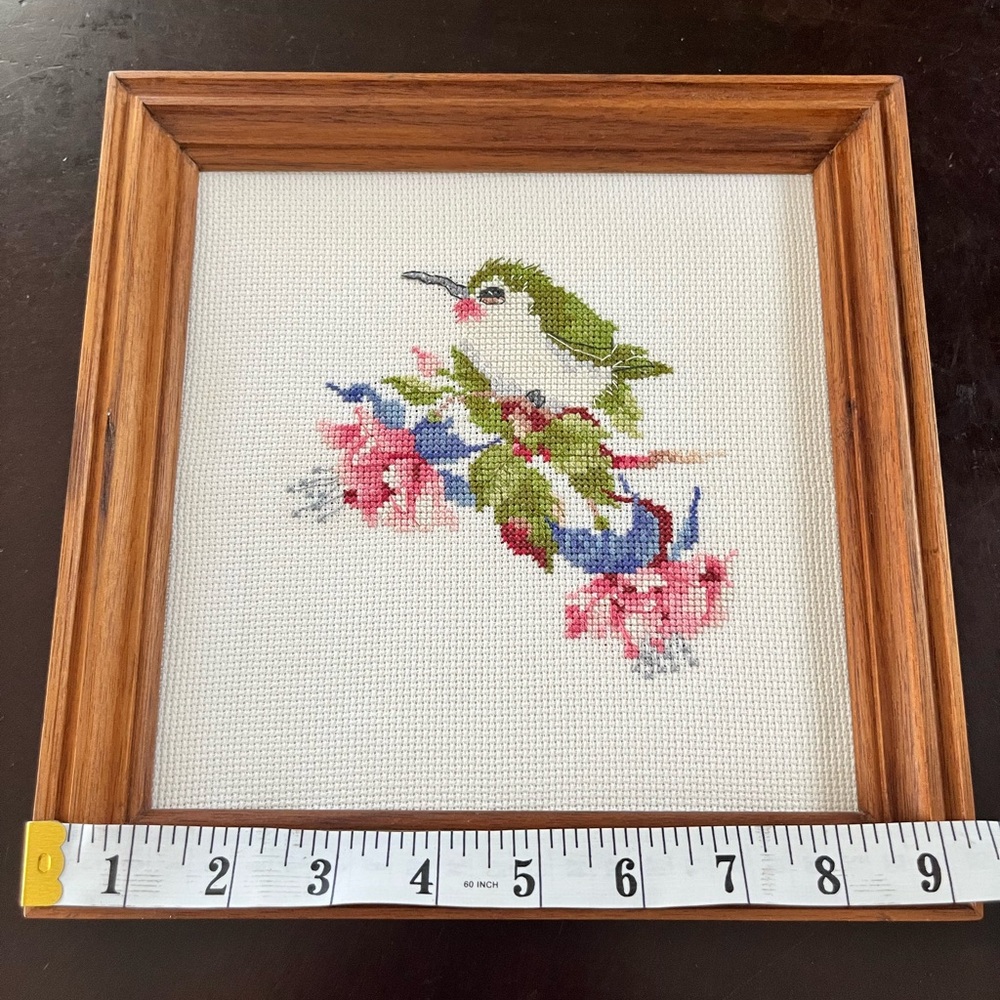 Needlepoint Framed Green Hummingbird Square 9 1/4” Vintage “Humming Along”
